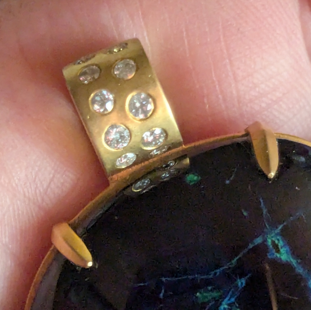 Amazing 10k Yellow Gold Diamond Bail Azurite Blue Gemstone Huge Pendant OOAK - Picture 6 of 16